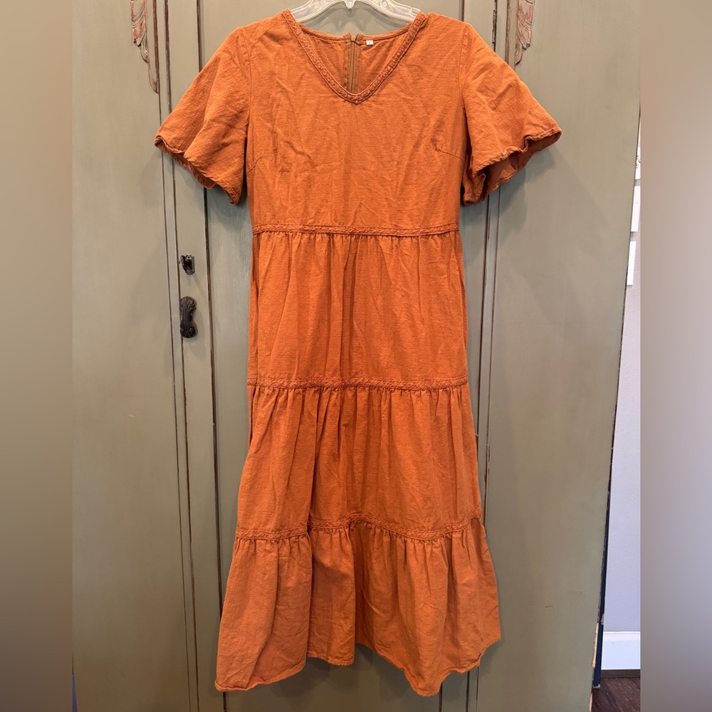 Dark Orange Tiered Midi Dress